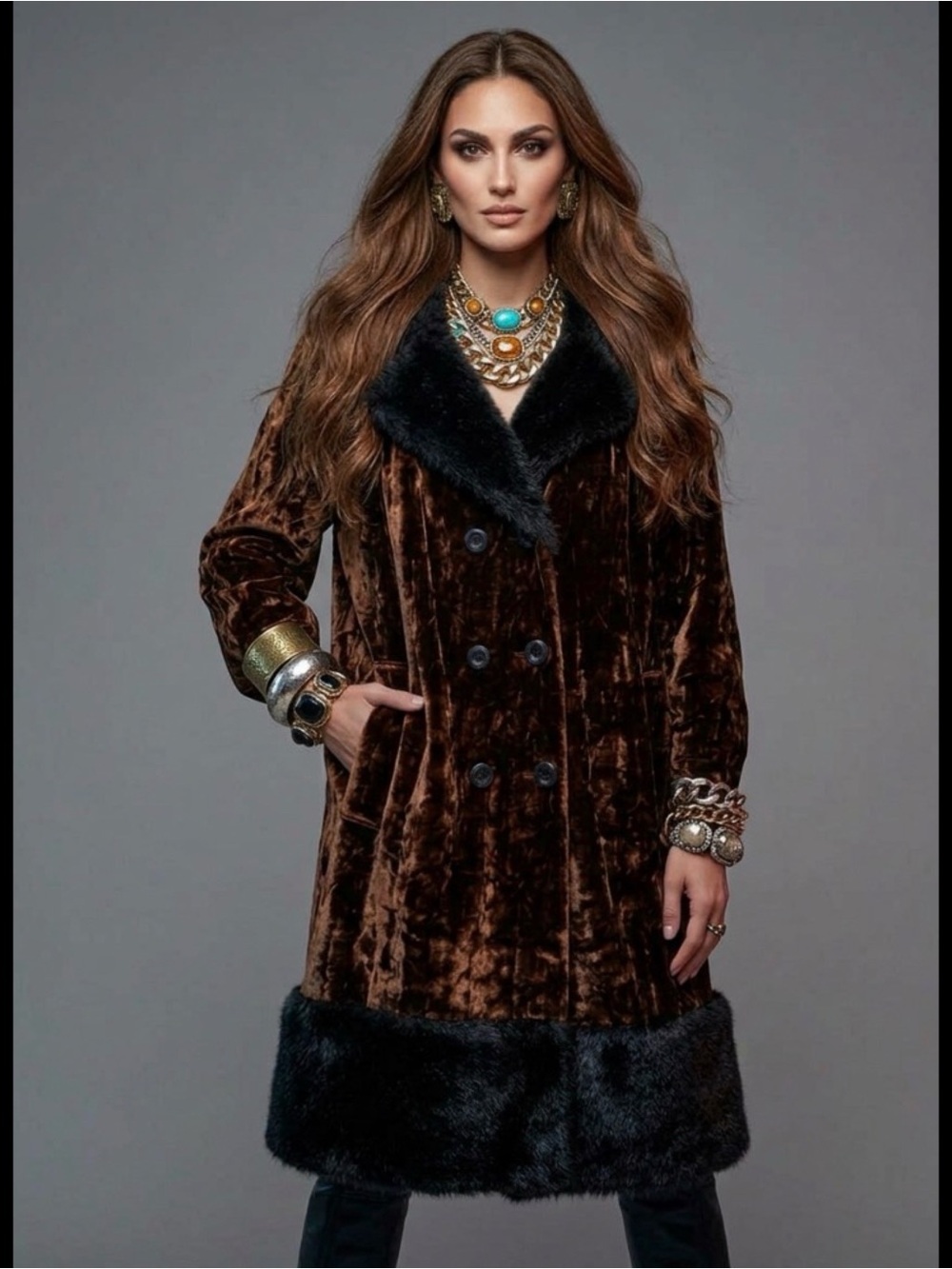 Vintage Chocolate Crushed Velvet Penny Lane Coat Faux Fur Trim XL Mobwife